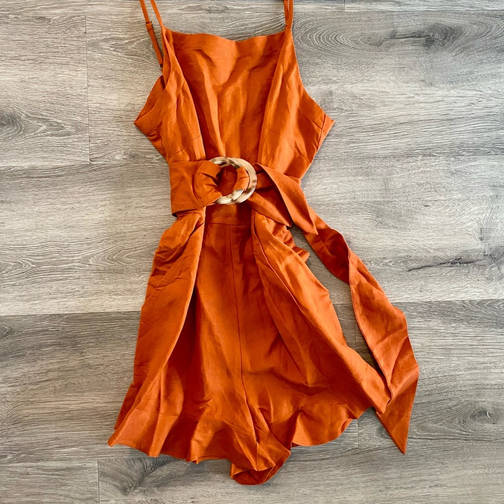 Loft burnt orange ruffle hem romper with tortoise shell belt